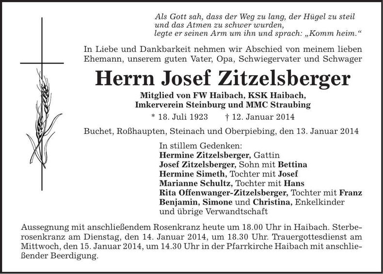 Traueranzeige Josef Zitzelsberger