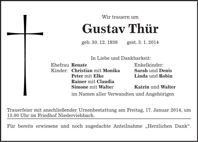 Traueranzeige Gustav Thür