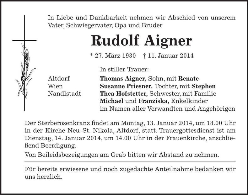 Traueranzeige Rudolf Aigner