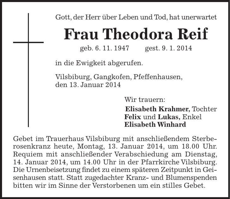 Traueranzeige Theodora Reif