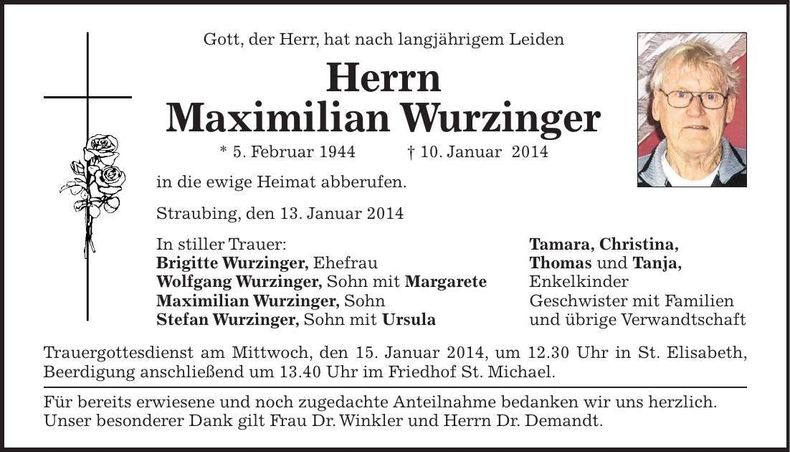 Traueranzeige Maximilian Wurzinger