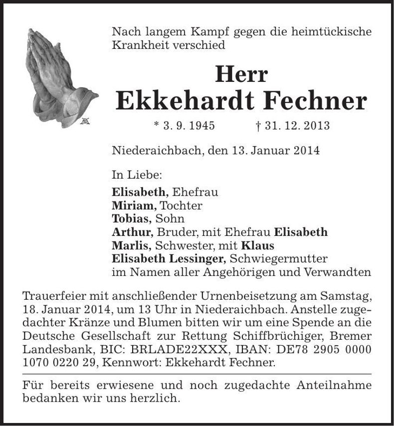 Traueranzeige Ekkehardt Fechner