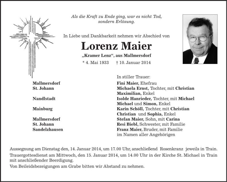 Traueranzeige Lorenz Maier