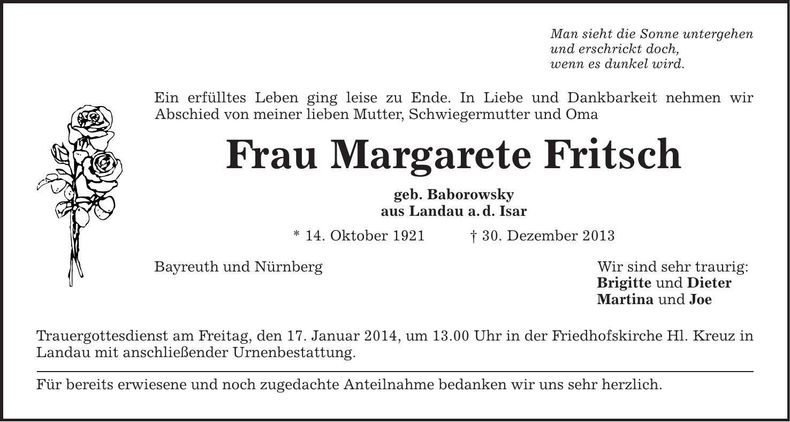 Traueranzeige Margarete Fritsch