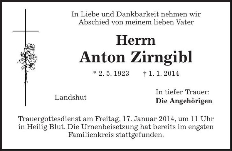 Traueranzeige Anton Zirngibl