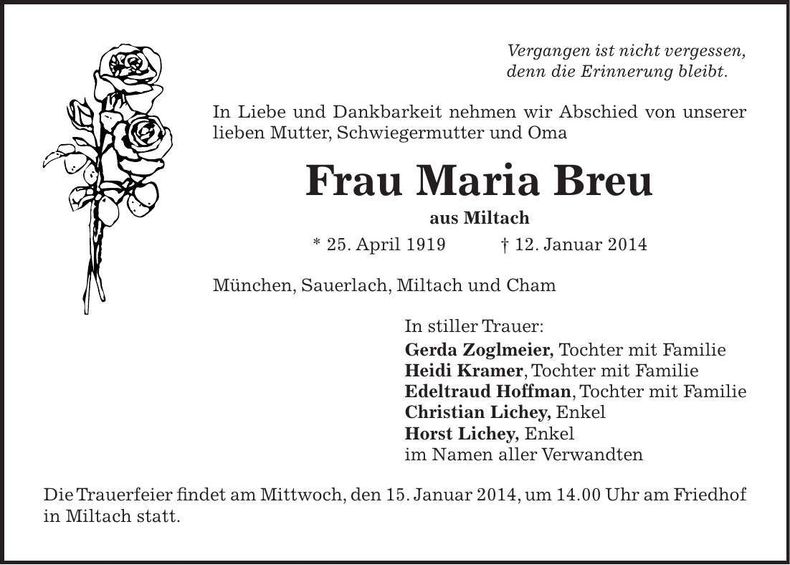 Traueranzeige Maria Breu