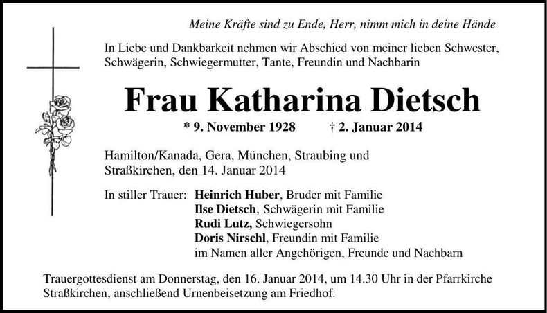 Traueranzeige Katharina Dietsch