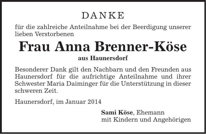 Traueranzeige Anna Brenner-Köse