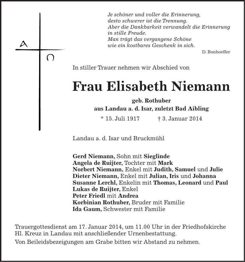 Traueranzeige Elisabeth Niemann