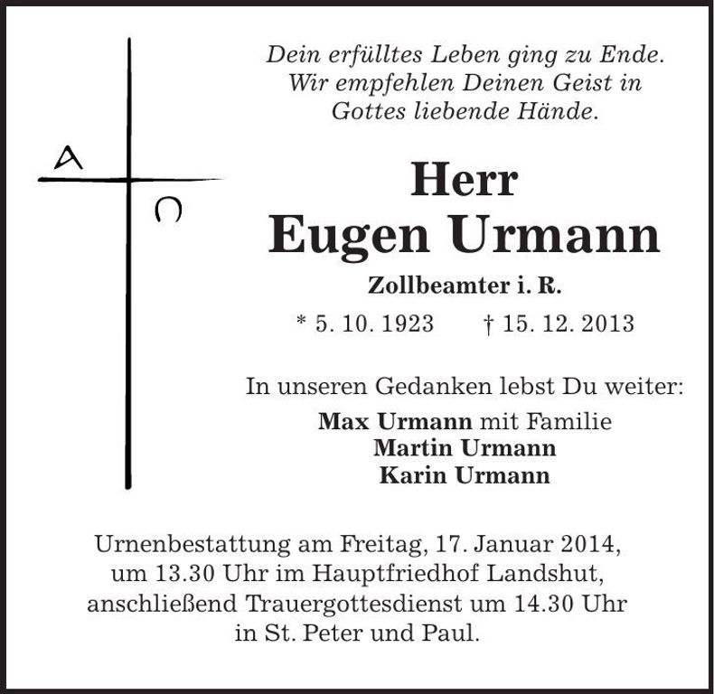 Traueranzeige Eugen Urmann