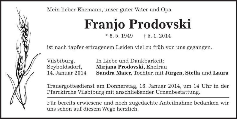 Traueranzeige Franjo Prodovski