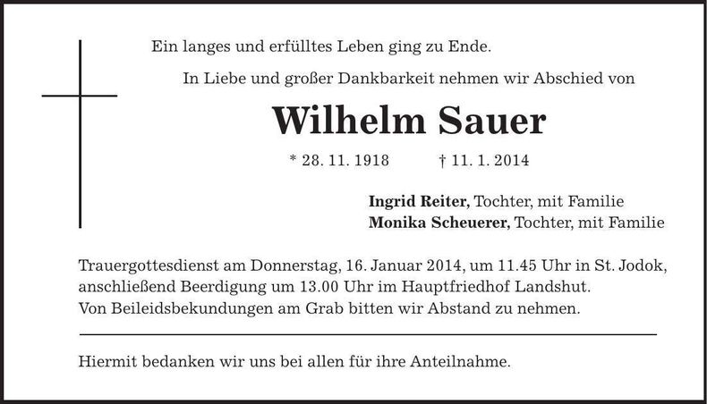 Traueranzeige Wilhelm Sauer
