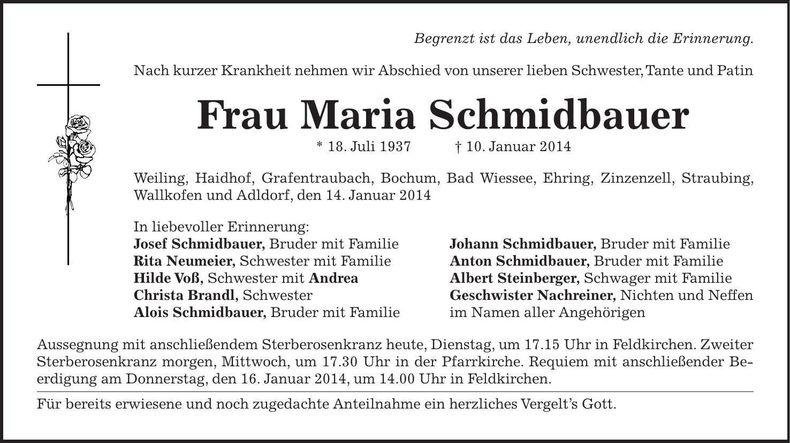 Traueranzeige Maria Schmidbauer