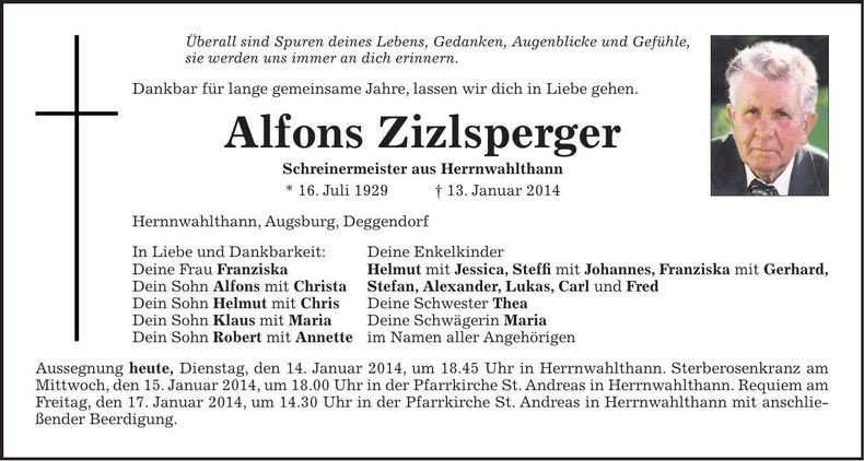 Traueranzeige Alfons Zizlsperger