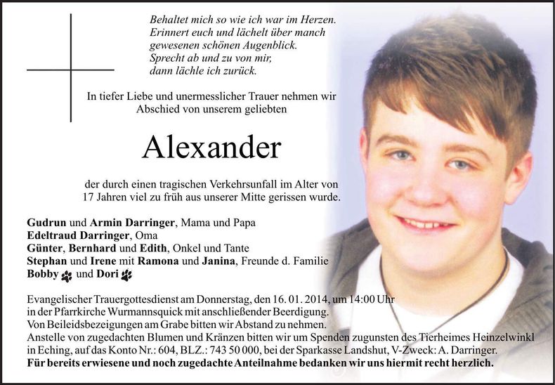 Traueranzeige Alexander Darringer