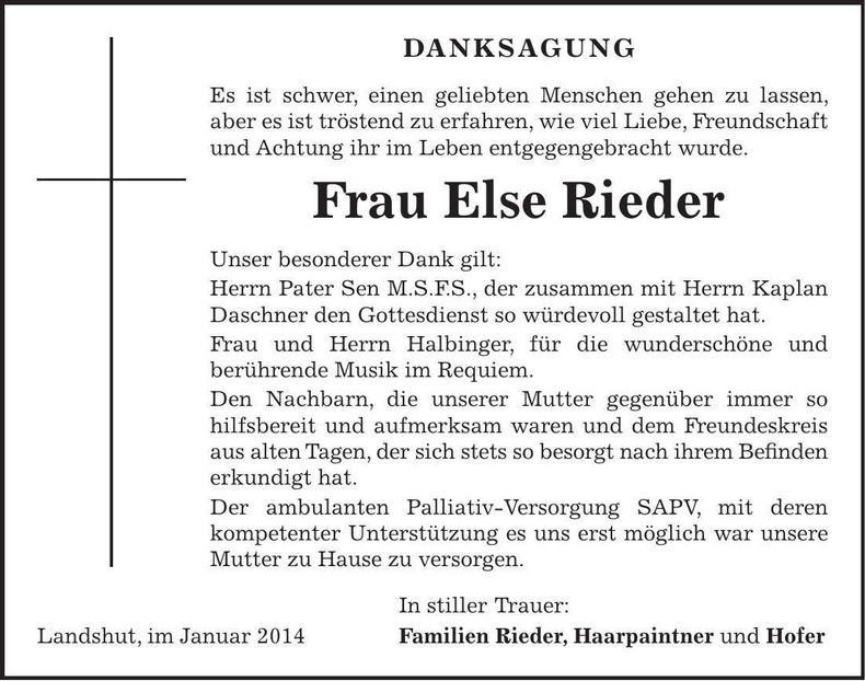 Traueranzeige Else Rieder