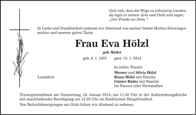 Traueranzeige Eva Hölzl