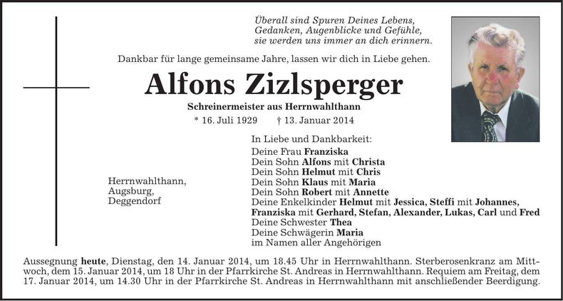 Traueranzeige Alfons Zizlsperger