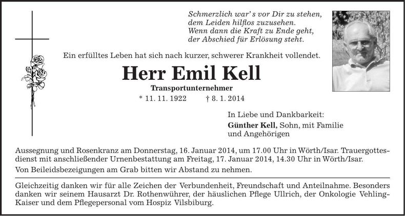 Traueranzeige Emil Kell
