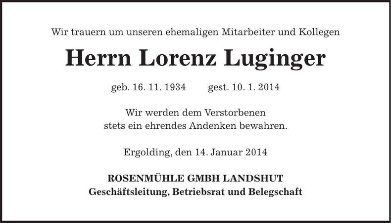 Traueranzeige Lorenz Luginger