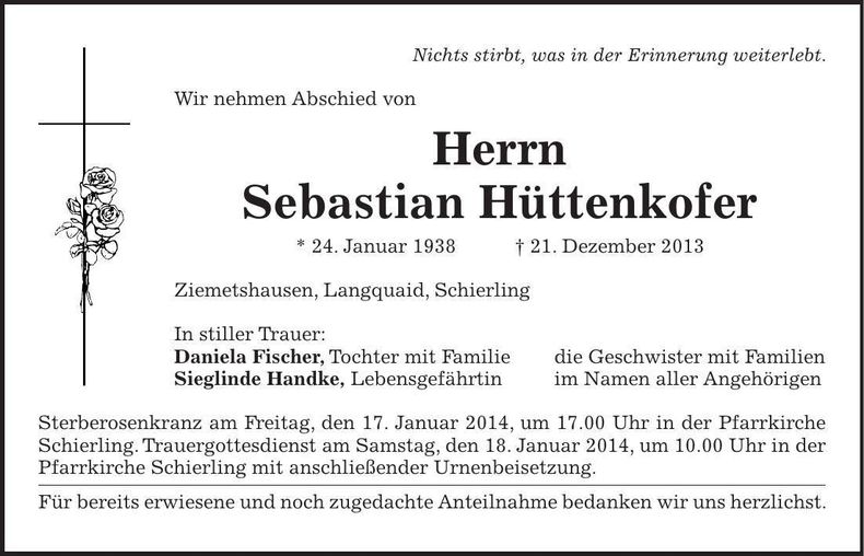Traueranzeige Sebastian Hüttenkofer