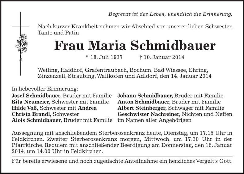 Traueranzeige Maria Schmidbauer