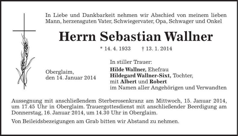 Traueranzeige Sebastian Wallner