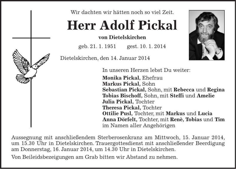Traueranzeige Adolf Pickal