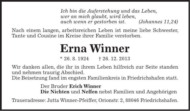 Traueranzeige Erna Winner