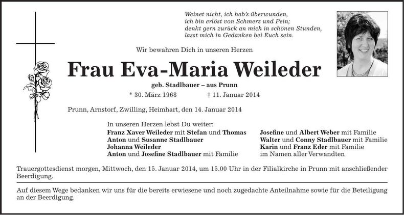 Traueranzeige Eva-Maria Weileder