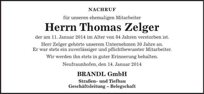 Traueranzeige Thomas Zelger