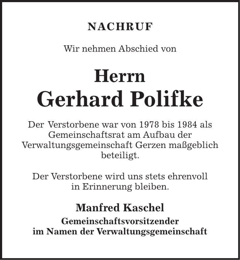 Traueranzeige Gerhard Polifke