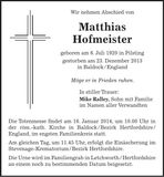 Traueranzeige Matthias Hofmeister
