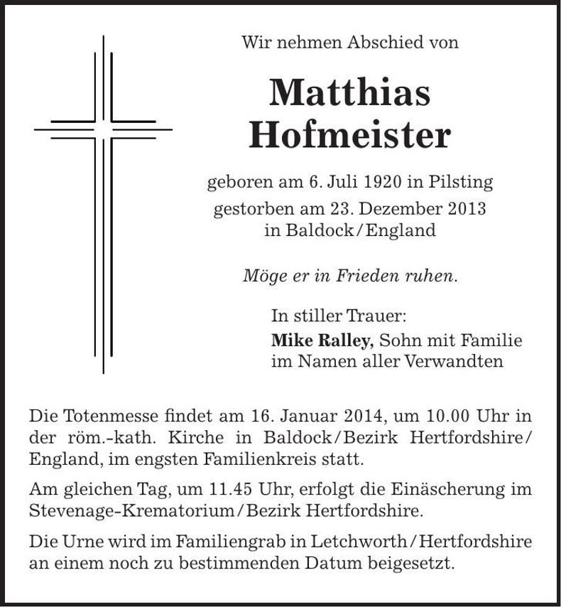 Traueranzeige Matthias Hofmeister