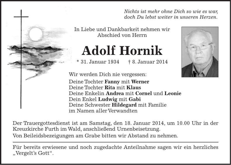 Traueranzeige Adolf Hornik