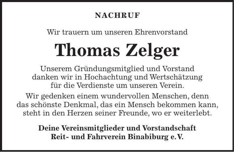 Traueranzeige Thomas Zelger