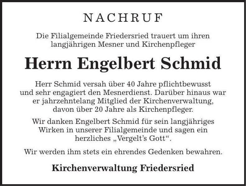 Traueranzeige Engelbert Schmid