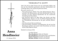 Traueranzeige Anna Hendlmeier