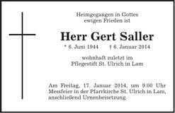 Traueranzeige Gert Saller