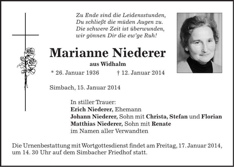 Traueranzeige Marianne Niederer
