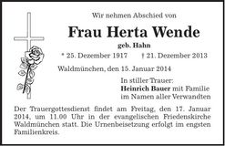Traueranzeige Herta Wende