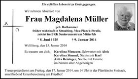 Traueranzeige Magdalena Müller
