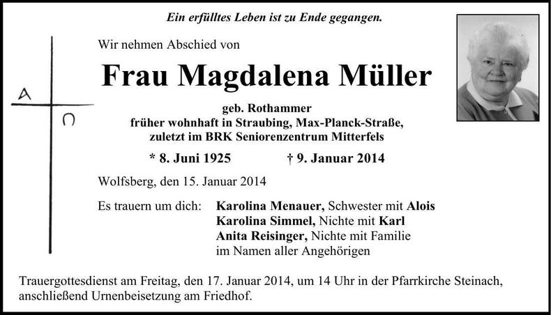 Traueranzeige Magdalena Müller