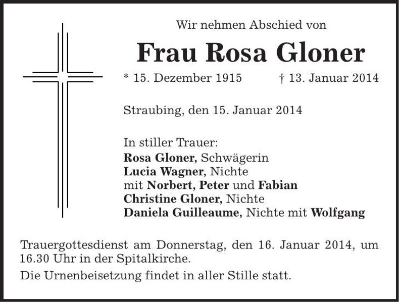 Traueranzeige Rosa Gloner