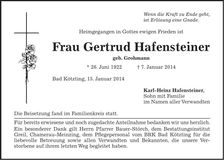 Traueranzeige Gertrud Hafensteiner