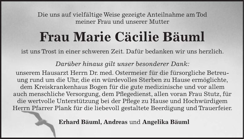 Traueranzeige Bäuml Cäcilie