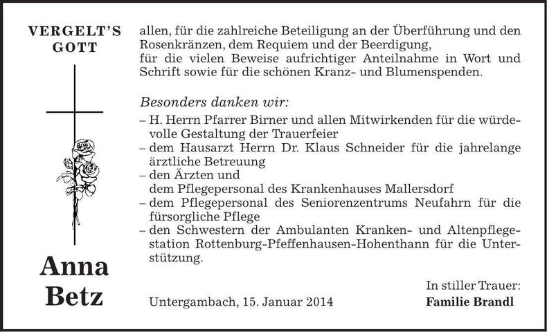 Traueranzeige Anna Betz