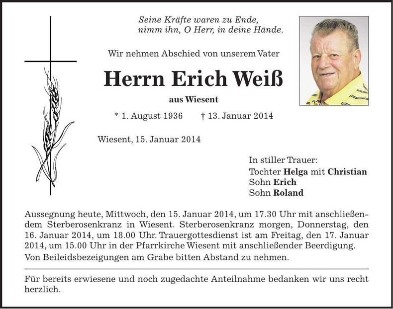 Traueranzeige Erich Weiß