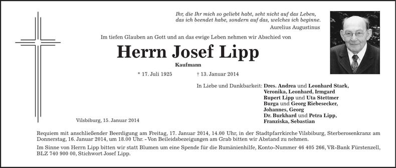 Traueranzeige Josef Lipp