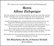 Traueranzeige Alfons Zizlsperger